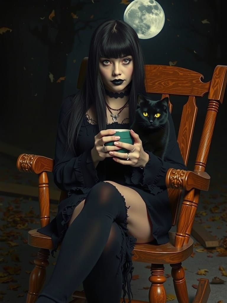 Gothic Woman with Coffee in Moonlit Autumn Scene