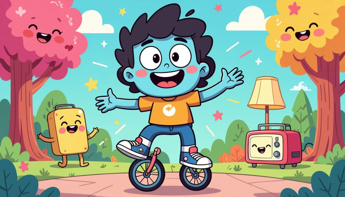 Whimsical Cartoon Character in Lively 90s Style Scene