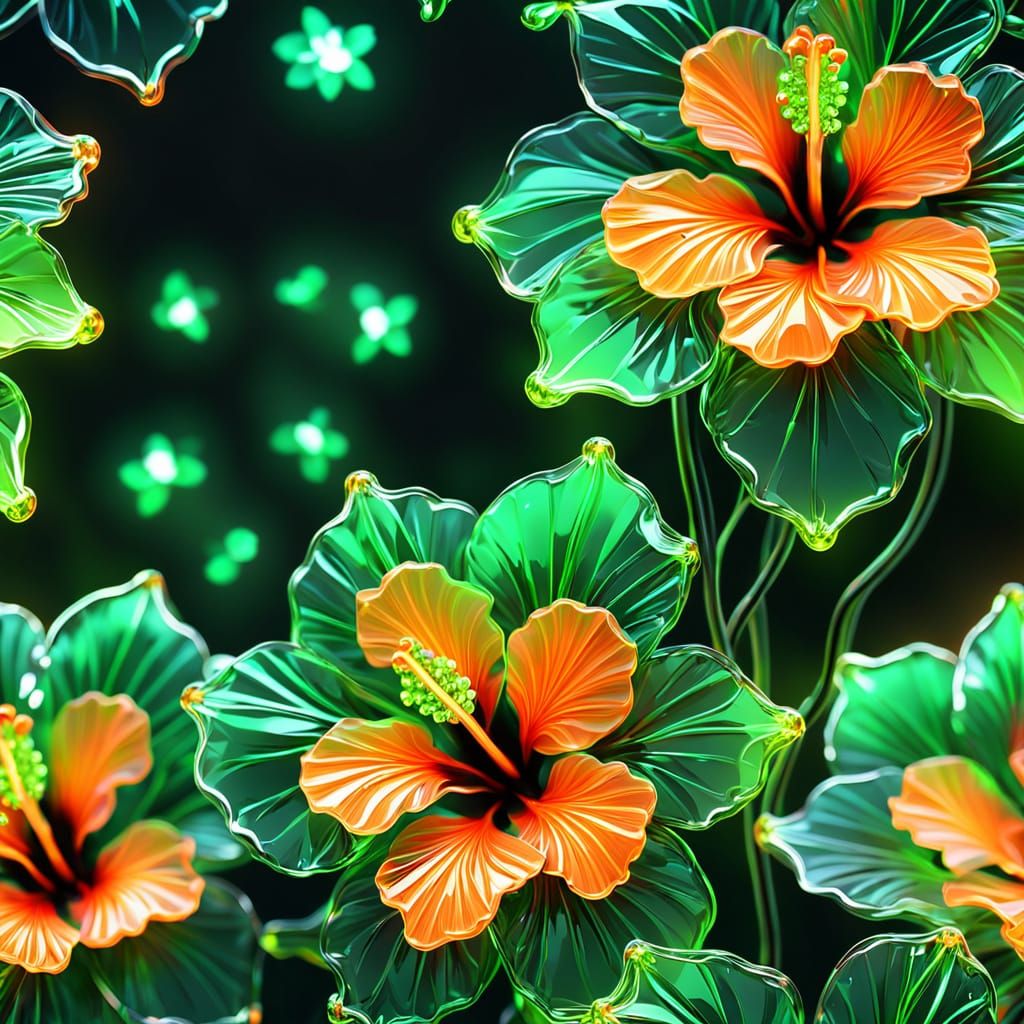 Neon Crystal Hibiscus Flowers in Vivid Digital Art