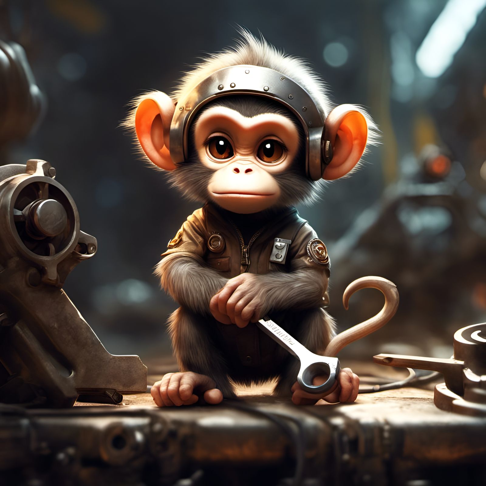Chibi Monkey Mechanic with Wrench, Detailed 3D Render