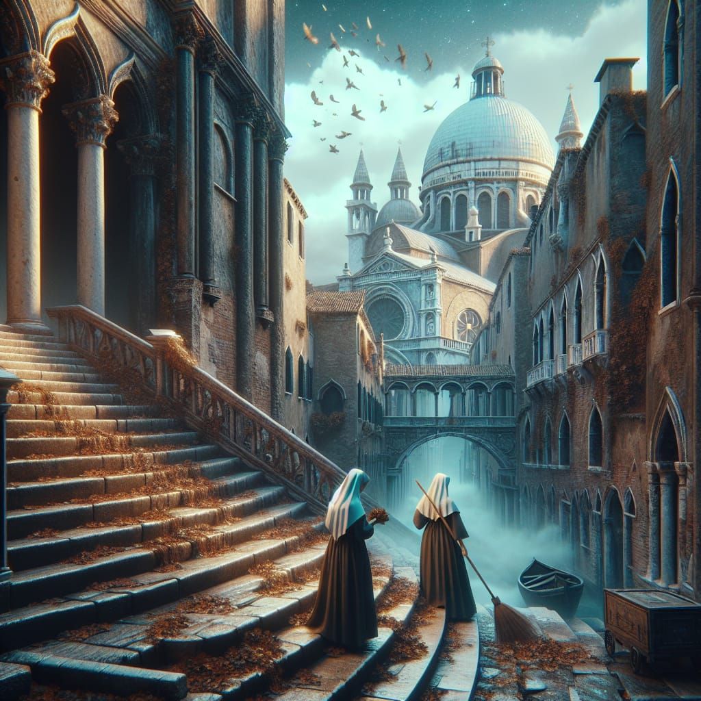 Venice: Nuns Sweep Autumn Leaves, Matte Painting