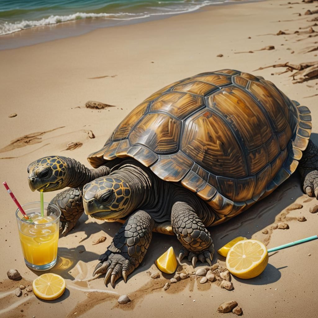 Tortoise on Beach: Hyperrealistic Lemonade Splash Art
