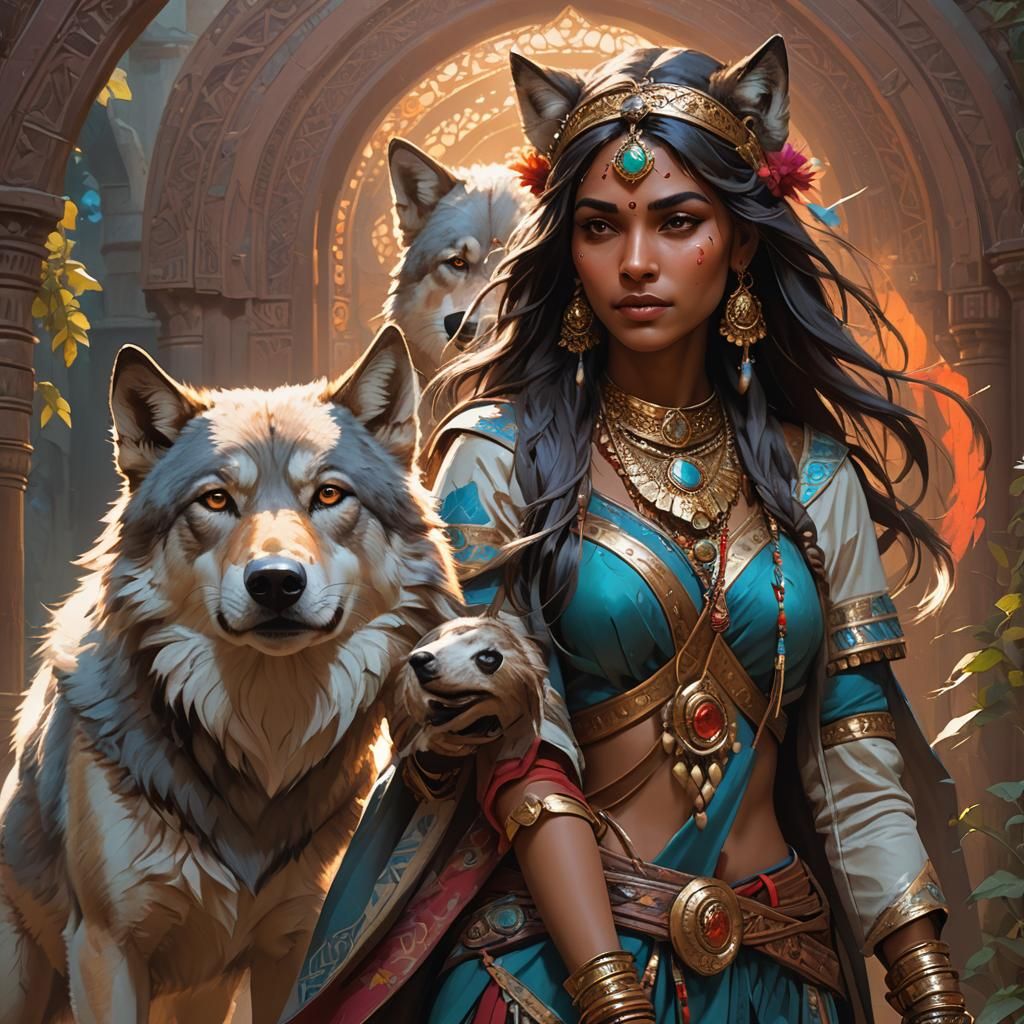 An Indian princess walking with a young Wolf