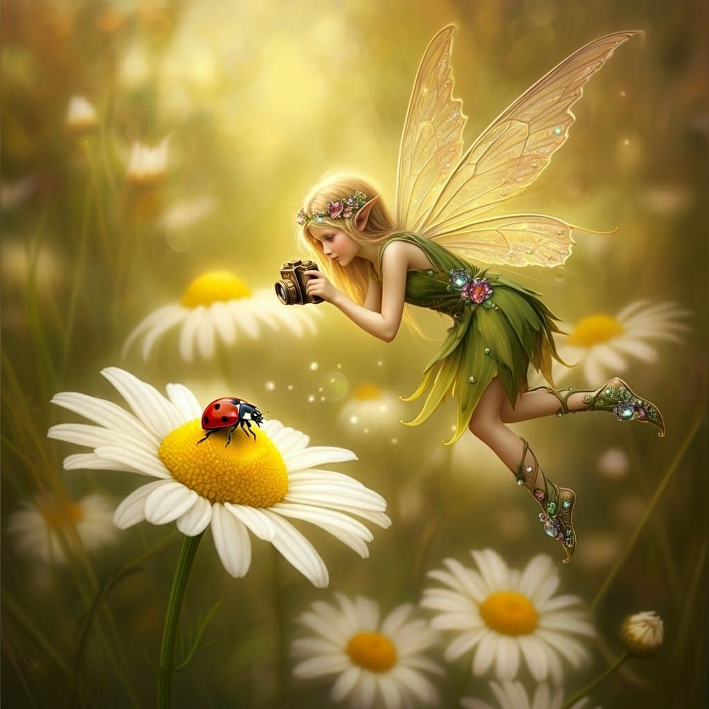 Ethereal Fairy Captures Ladybug in a Sun-Kissed Daisy Field