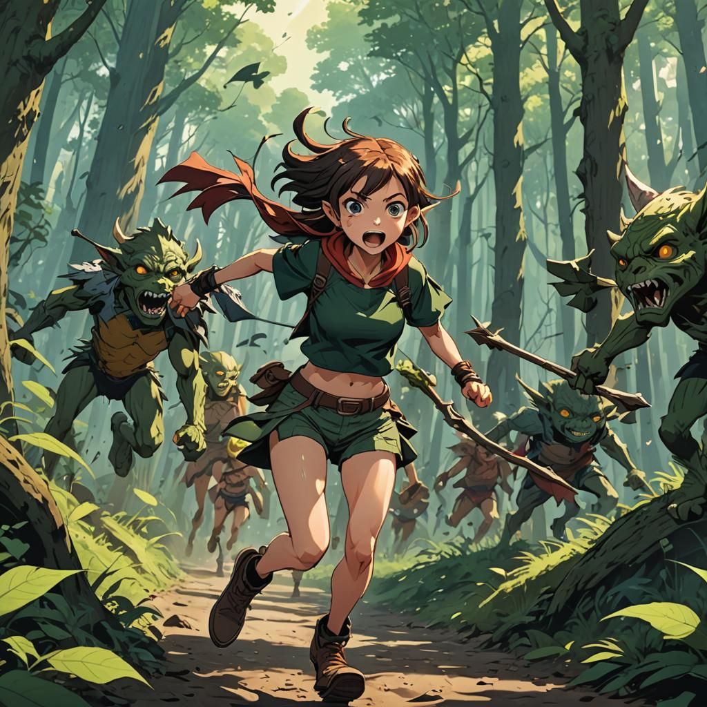 Anime Girl Running from Goblins in Forest