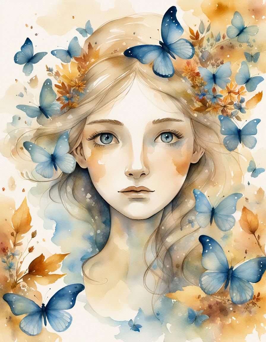 Girl Surrounded by Butterflies as Watercolor Illustration