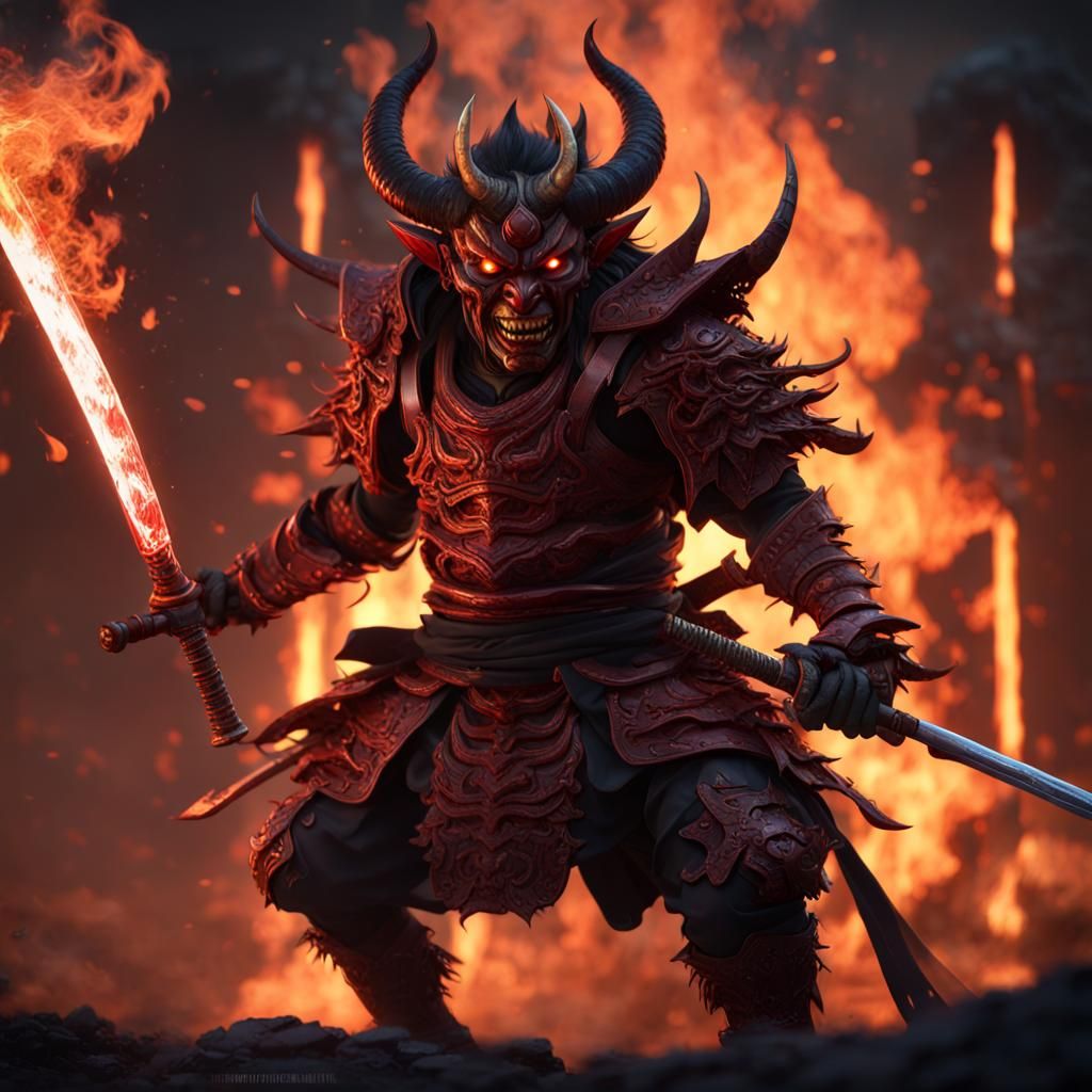 Hyperdetailed Oni Samurai with Flaming Eyes in 8K