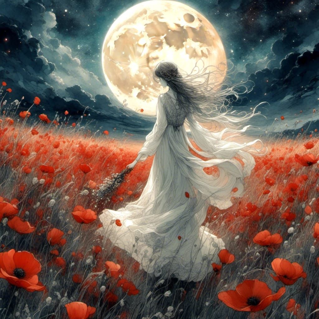 woman in white lace dress walking in poppy field on full moon <lora:Whimsical Dream:1.0>