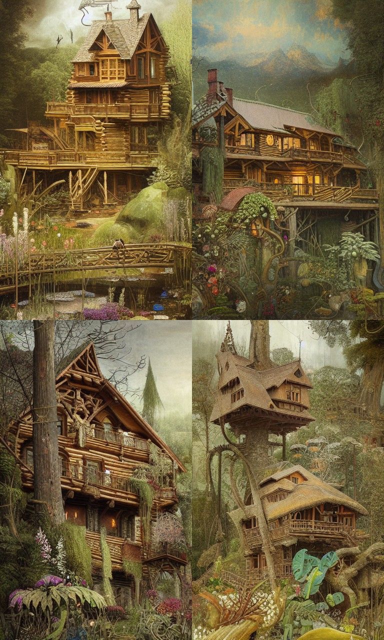 Detailed Log Home in Maximalist Mixed Media
