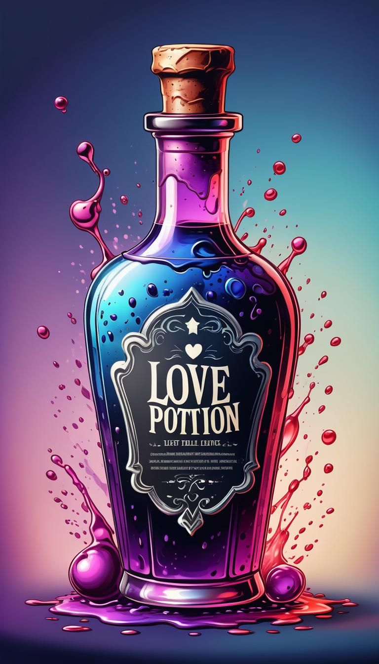 Vintage Love Potion Illustration in Ink Painting Style