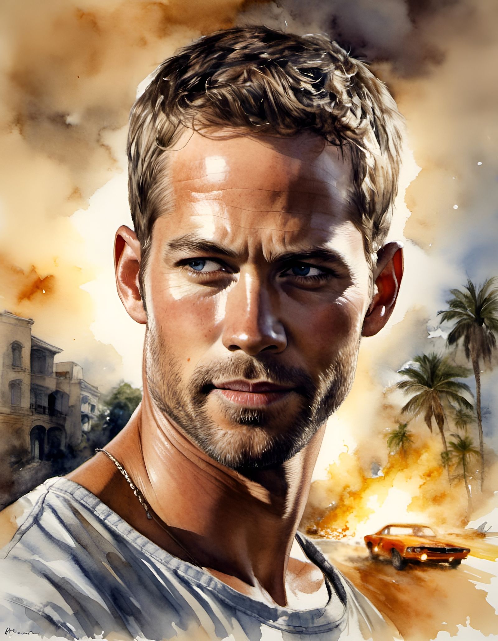 Detailed Watercolor Portrait of Paul Walker as Brian O'Conne...