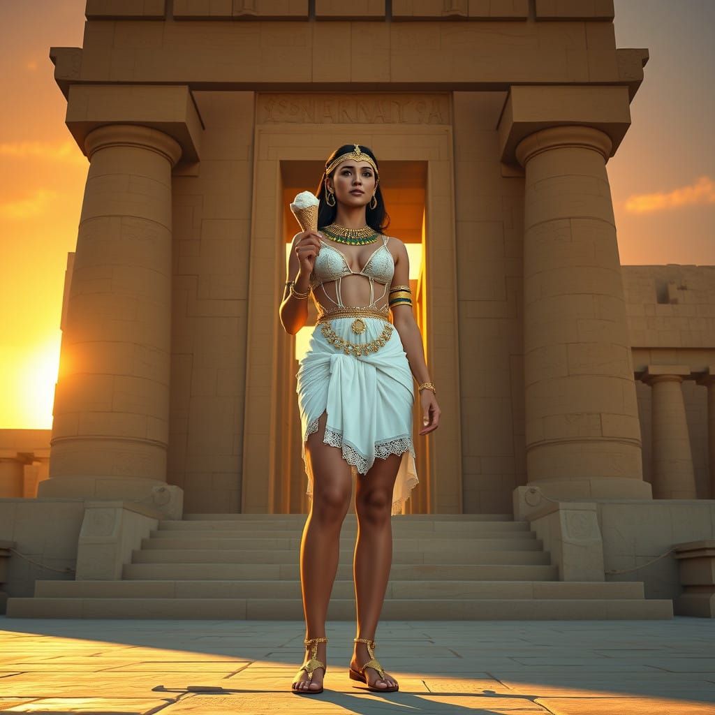 Cleopatra Enjoys Ice Cream before Karnak Temple