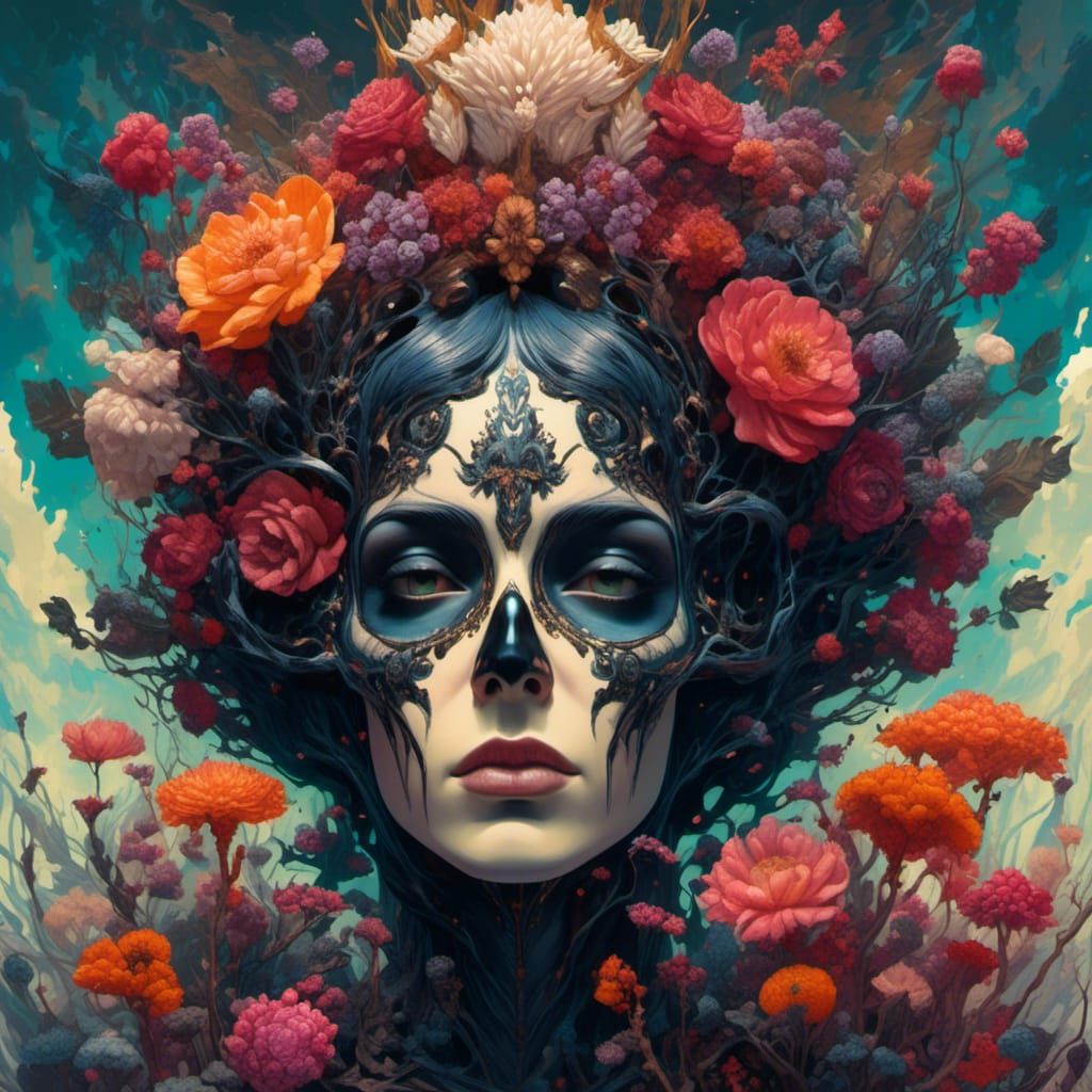 Dark Magic Flower Fairy Portrait in Gouache Style