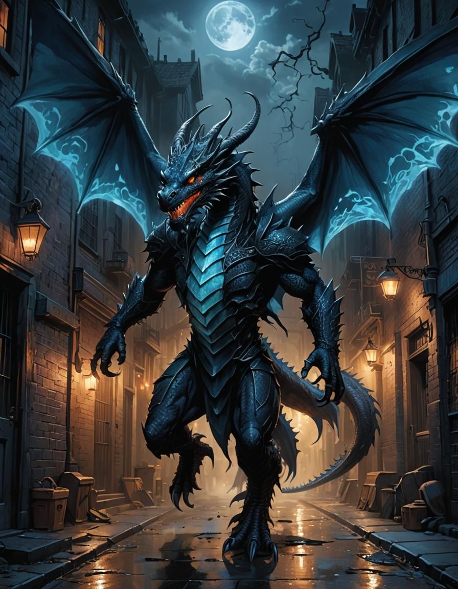 Black Dragon in Magical City Alleyway