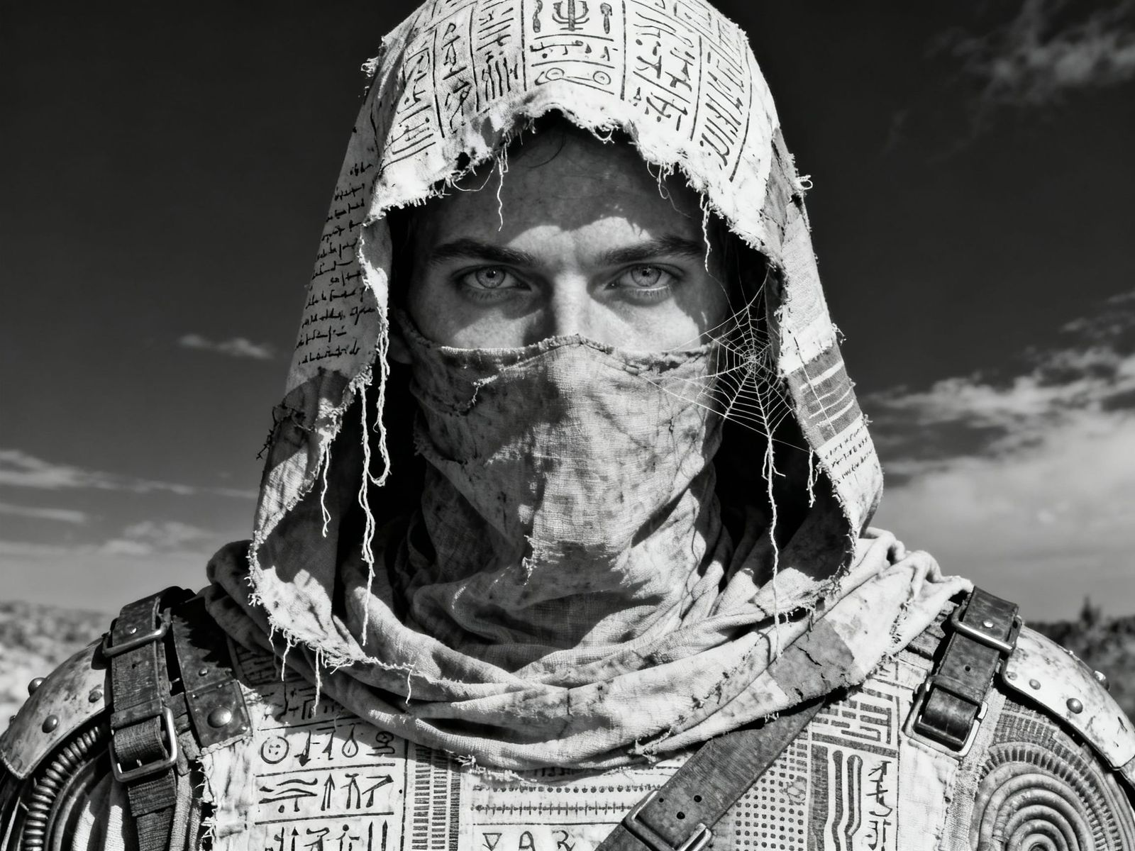 Mysterious Figure in Ancient Script Hood with Piercing Grey ...