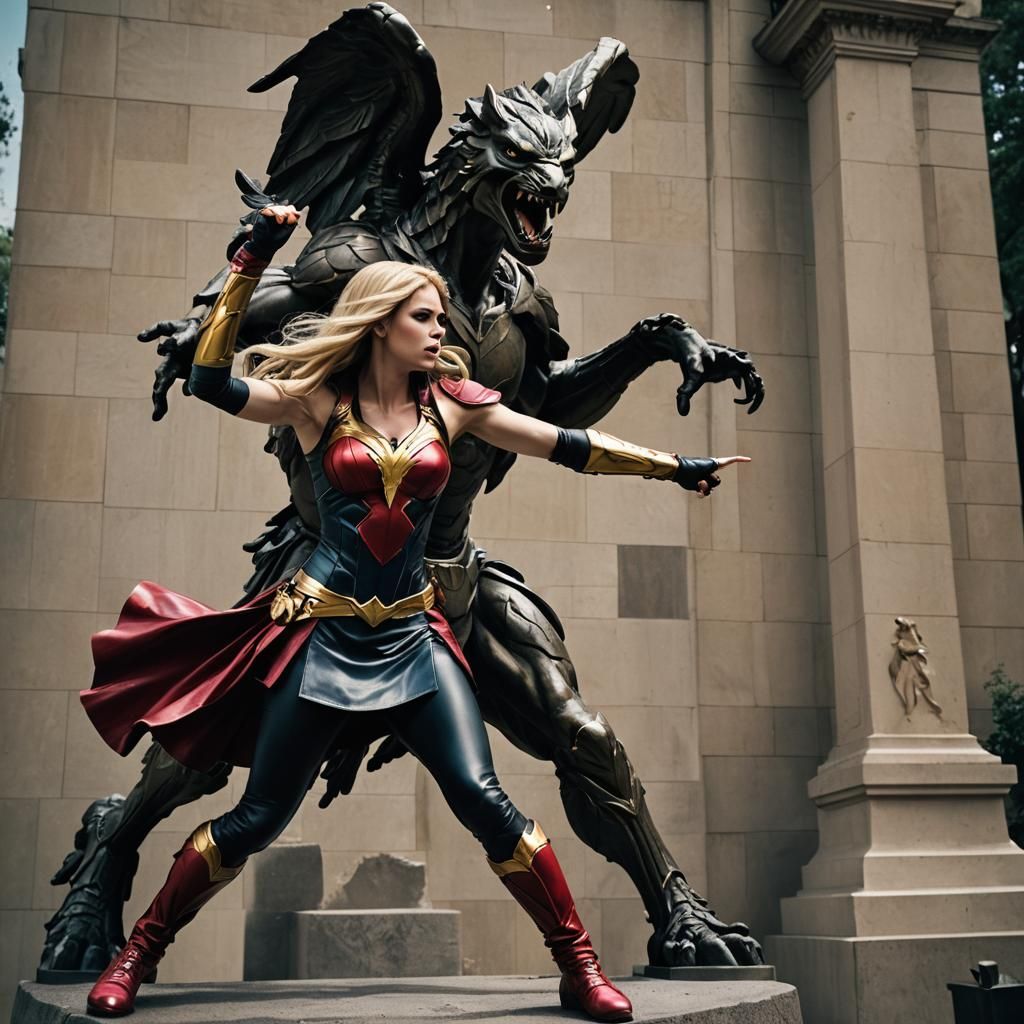 Wonder Girl Battles Statue: Cinematic Film Still