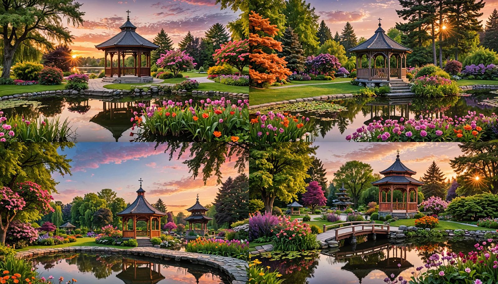 Sunset Garden Scene with Pagoda Gazebo