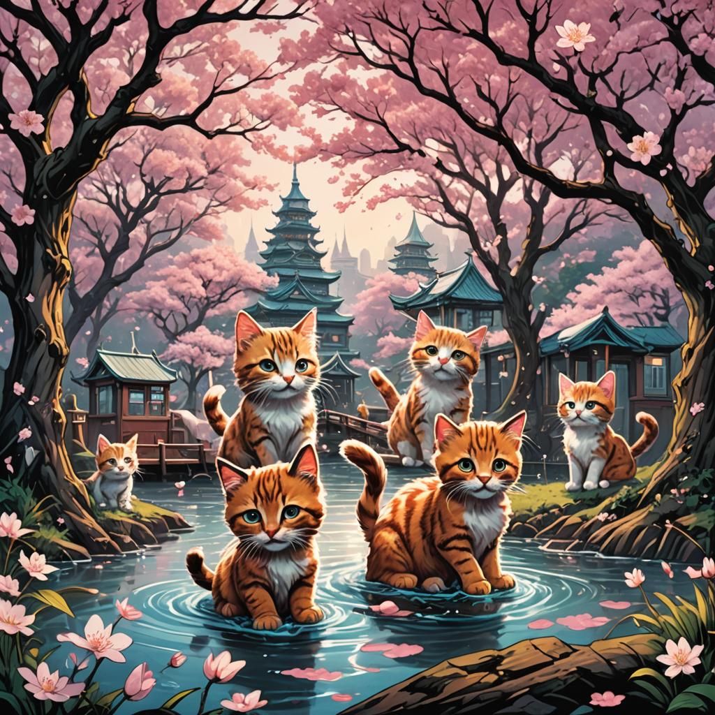 Cherry Blossom Kittens in Comic Book Art Style