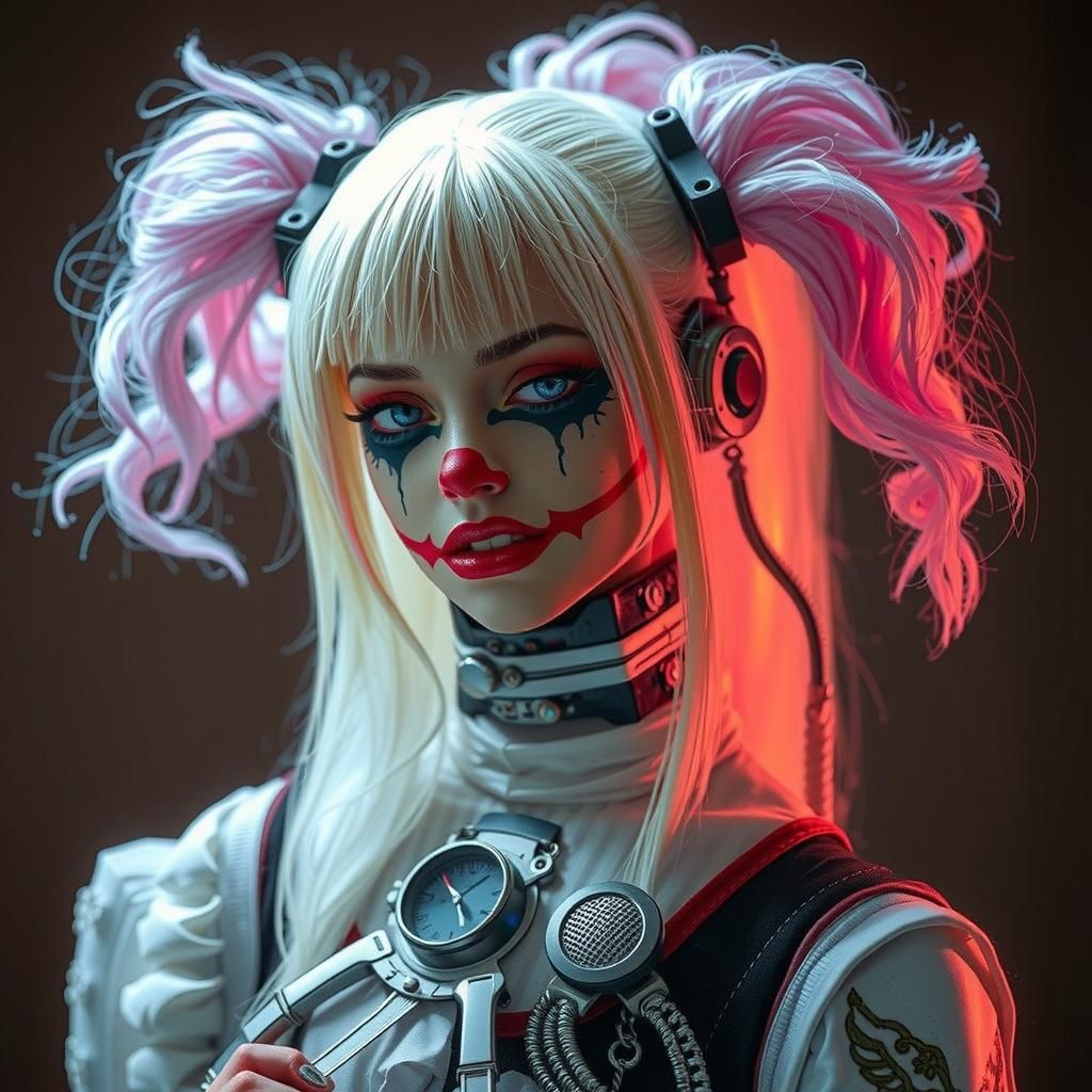 Gothic Cyborg Clown Girl in Cyberpunk Style