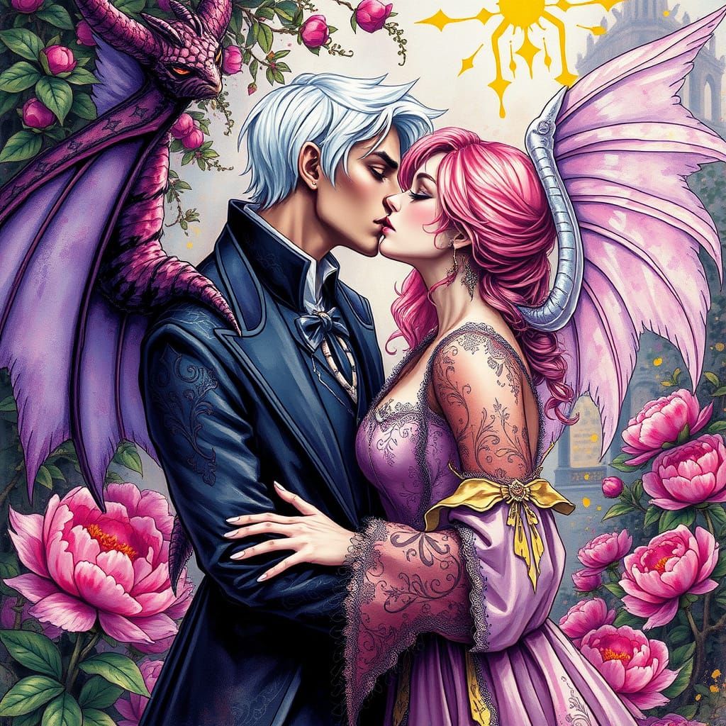 Angel and Demon Kiss in Peony Garden