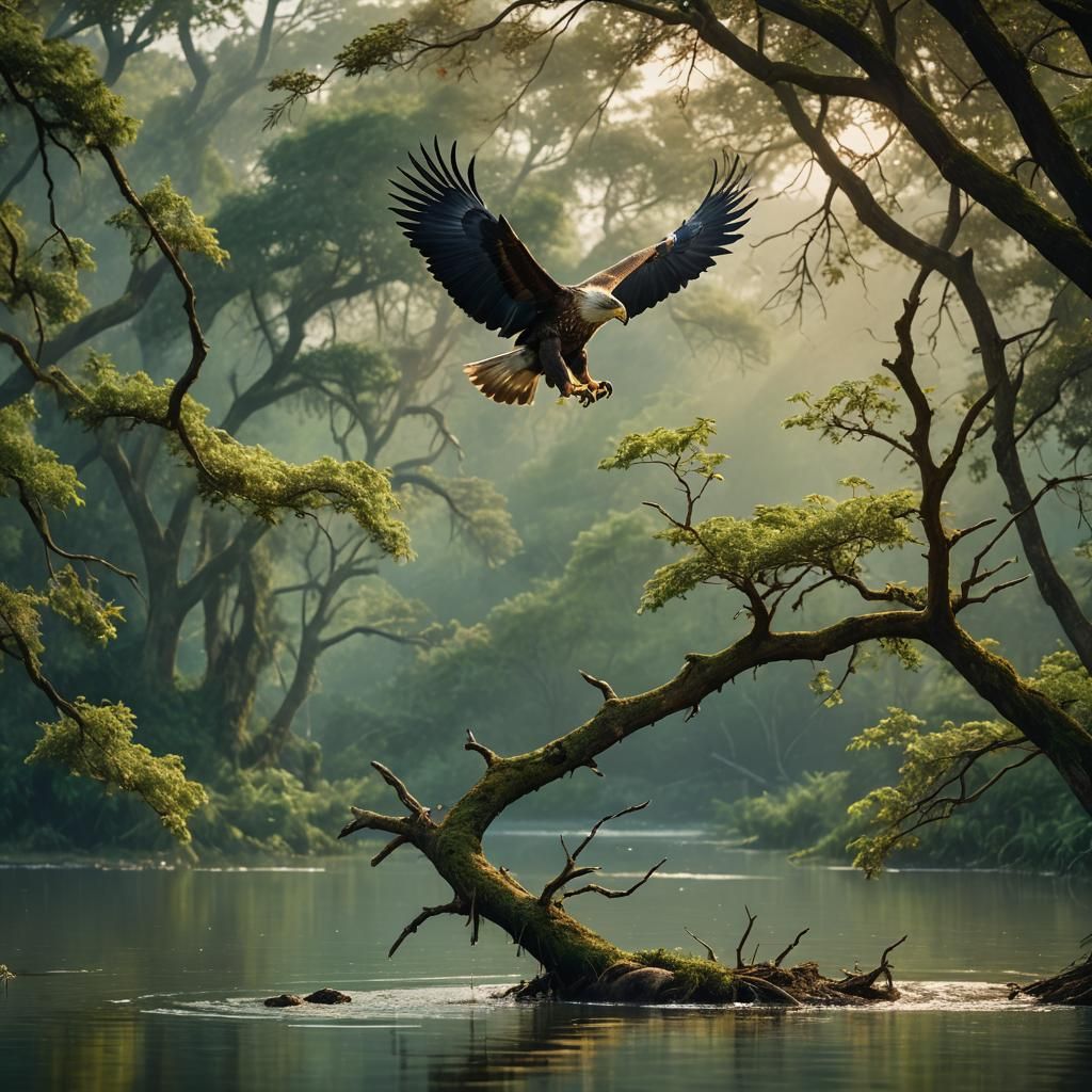 Lesser Fish Eagle Hunting in Golden Hour Light