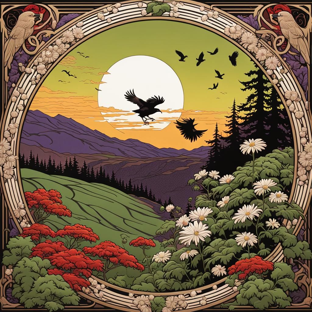 Crow in Maple Tree: Mucha-Inspired Vermont Landscape