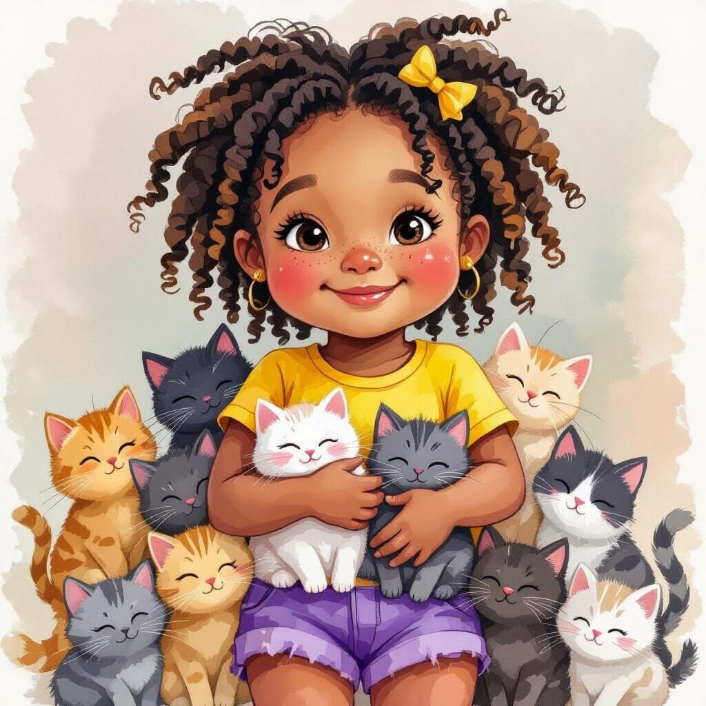 Joyful Girl with Kittens in Watercolor Style