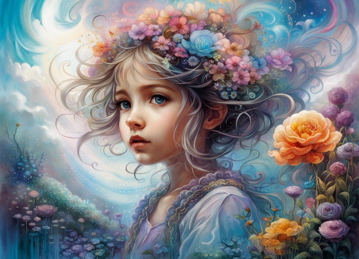 Anime Girl in Surreal Flower Garden, Digital Art