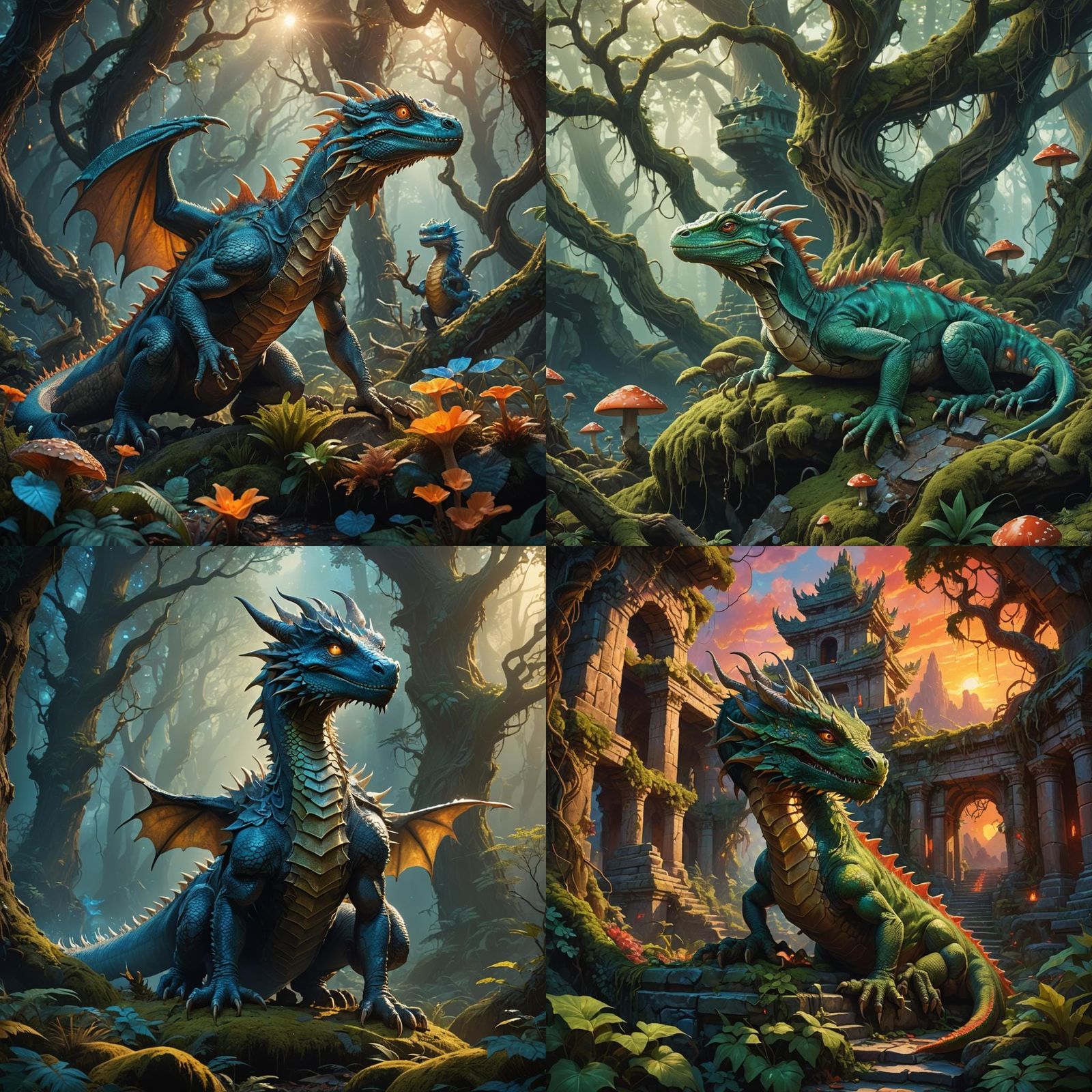 Fantastical Dragon and Lizard Encounter in Vibrant Epic Art