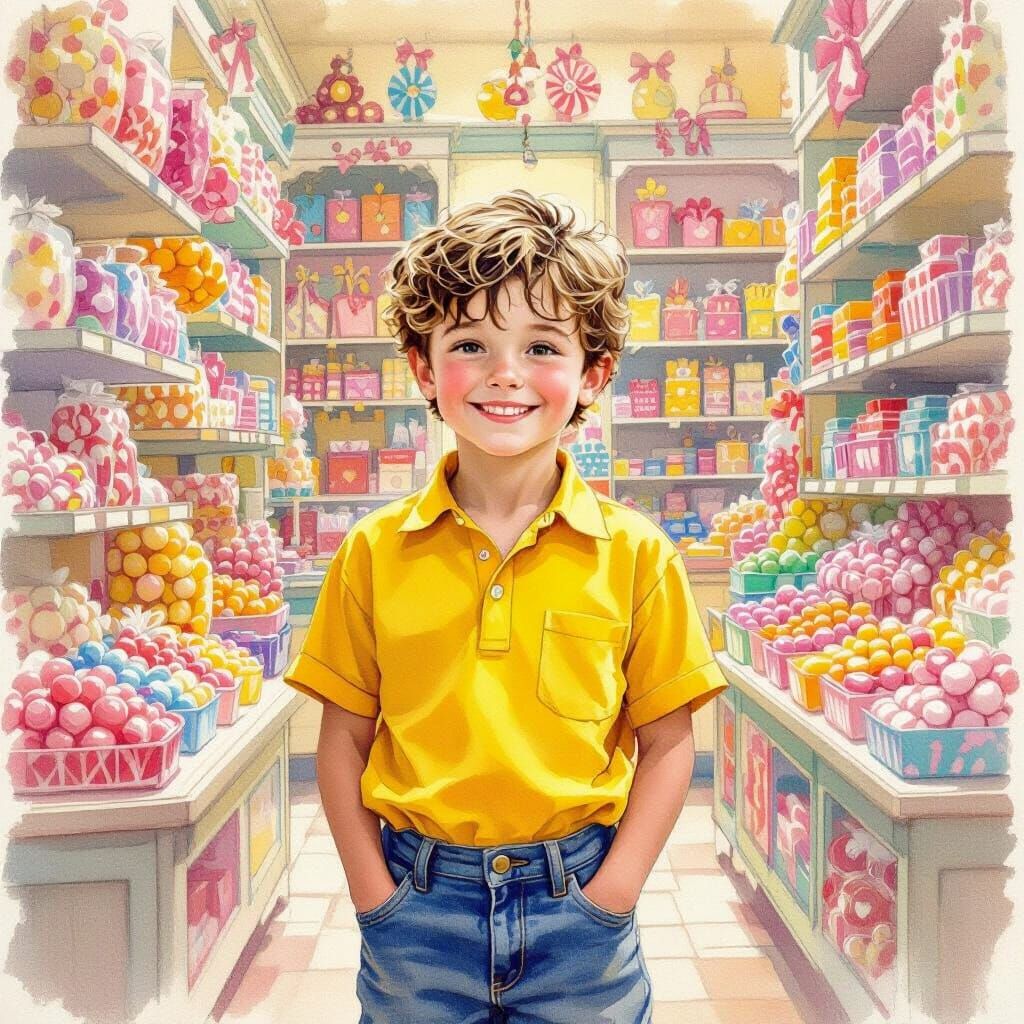Boy in Candy Store, Storybook Illustration