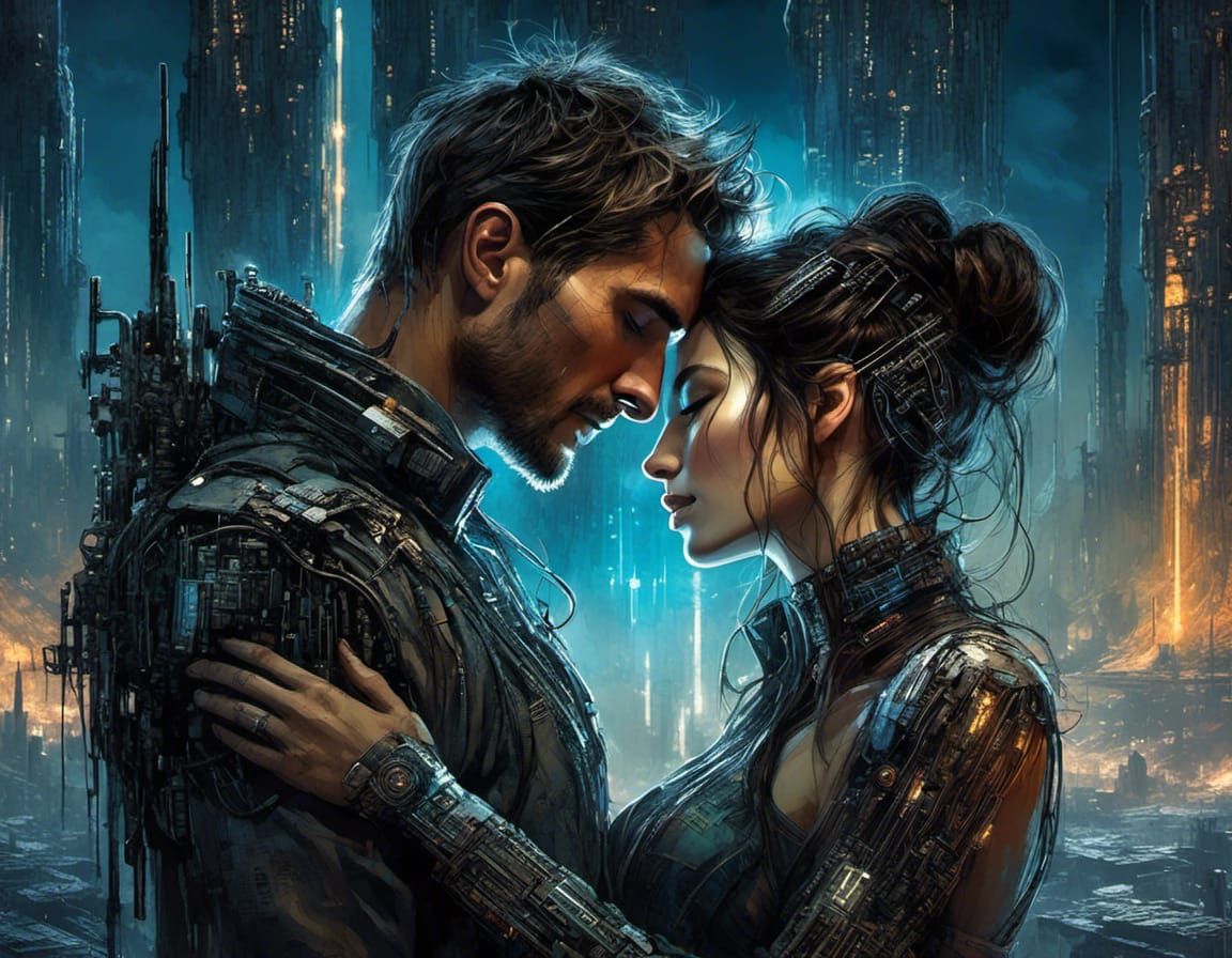 Affectionate Couple in Dystopian Cyberpunk Outpost