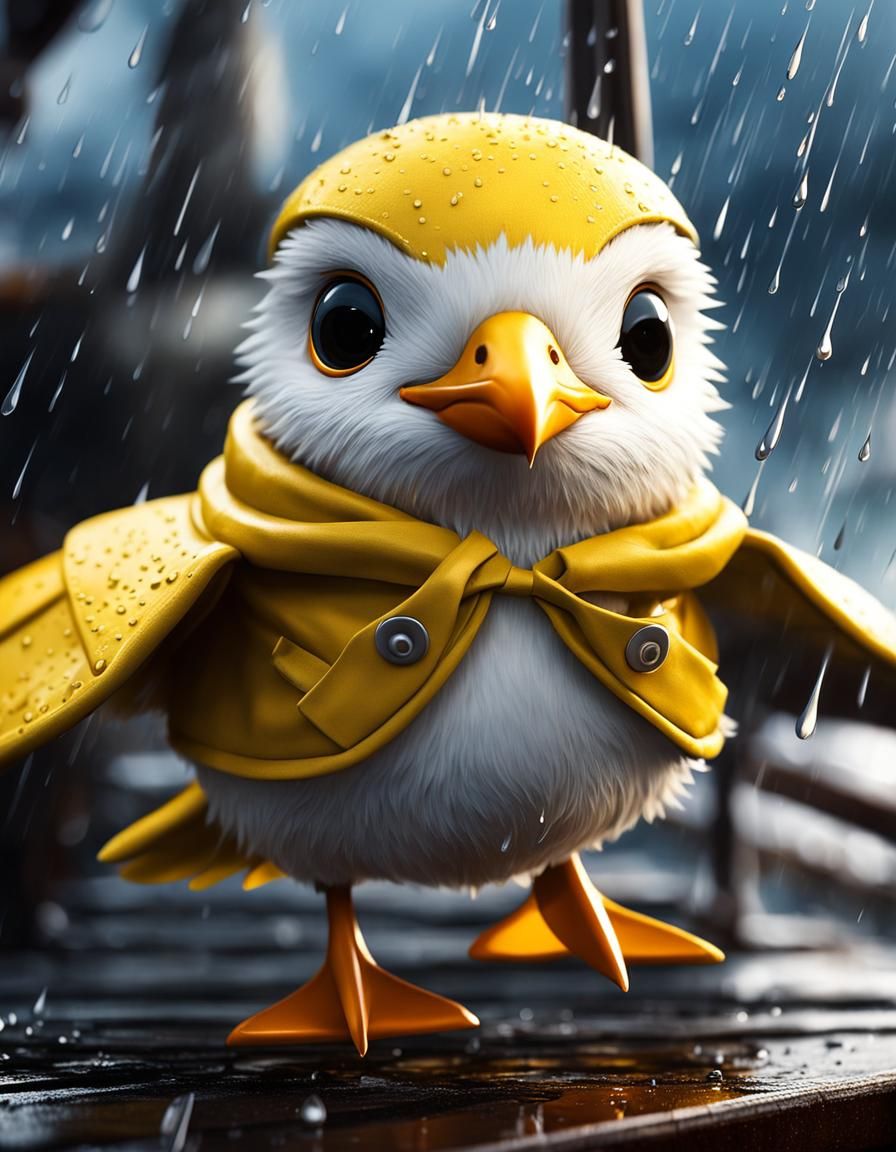 Chibi Anthropomorphic Seagull in Rainstorm