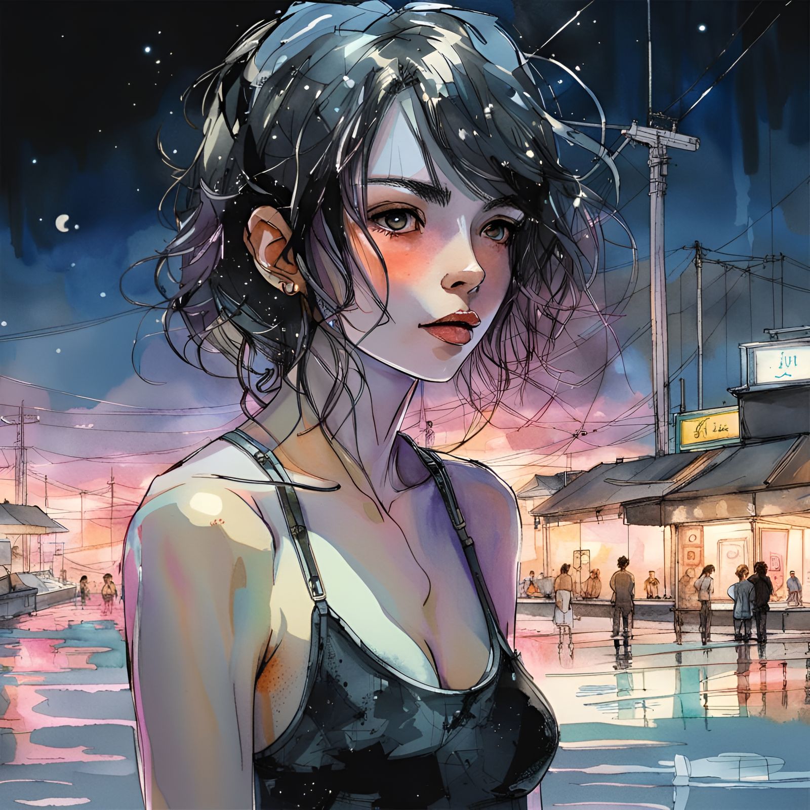 Woman in Swimsuit on Spanish Beach at Night