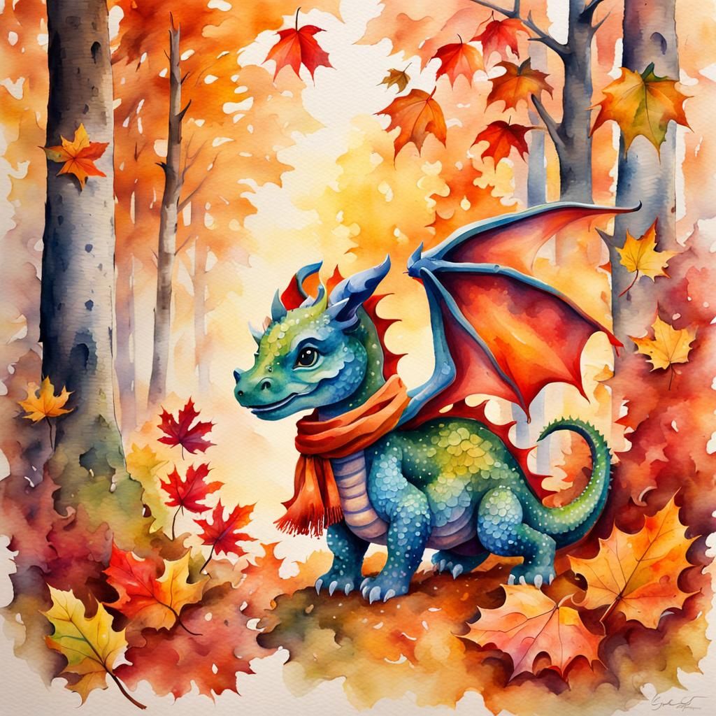Cute Dragon in Autumn Forest, Watercolor Painting