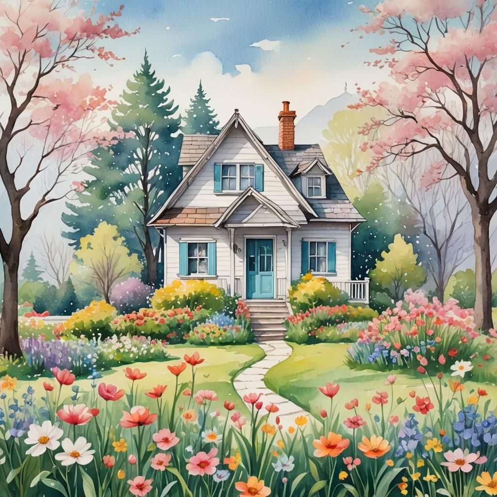 Idyllic House Surrounded by Spring Flowers Watercolor