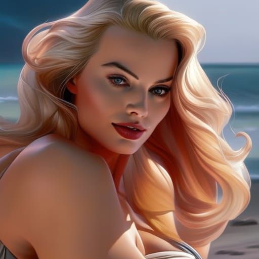 Margot Robbie on the Beach in Hyperrealistic Style