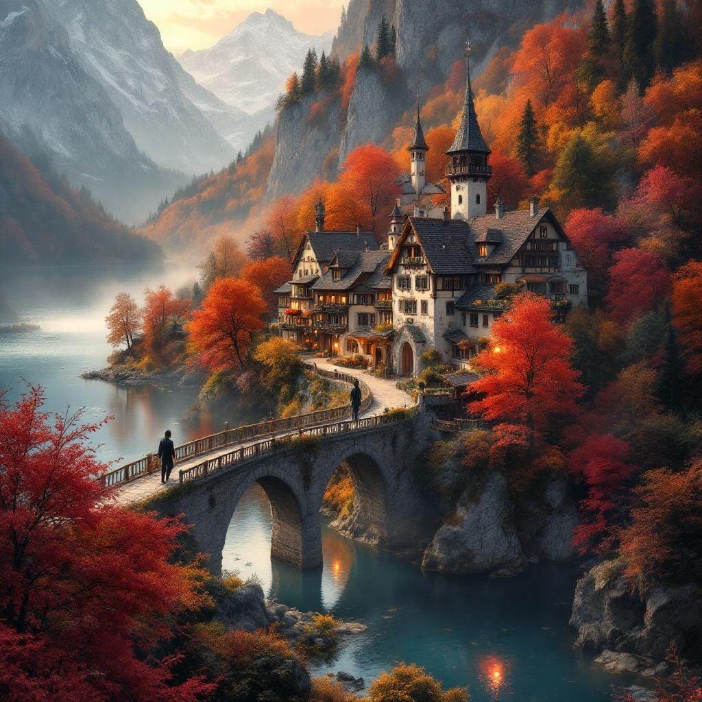 Austrian Village in Autumn, Digital Matte Painting
