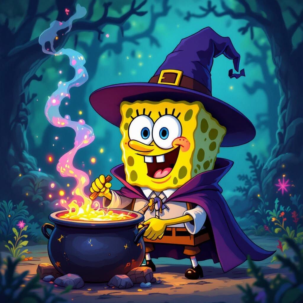 SpongeBob as a Mischievous Witch in Enchanted Forest