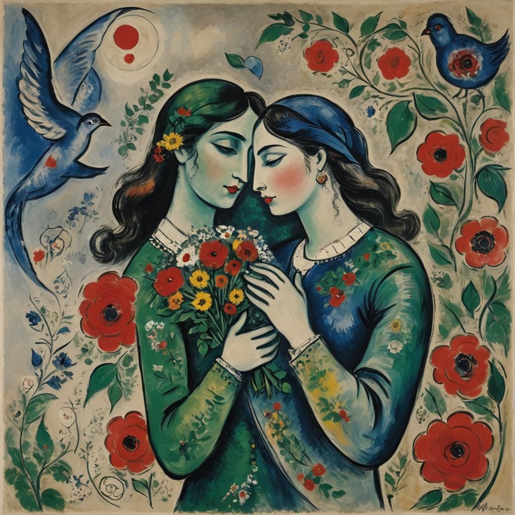 Lovers Embrace in Dreamlike Landscape