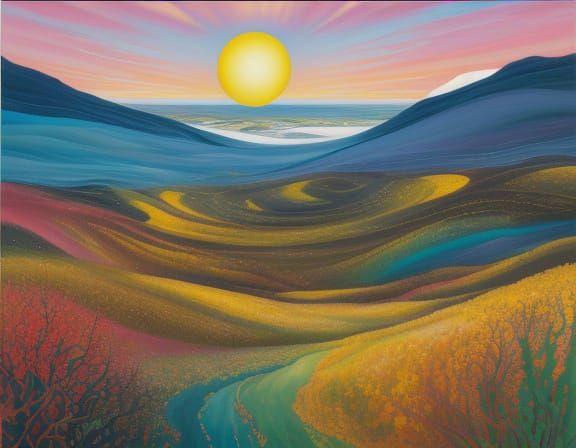 Surreal Golden Orb in Spectral Mist Landscape