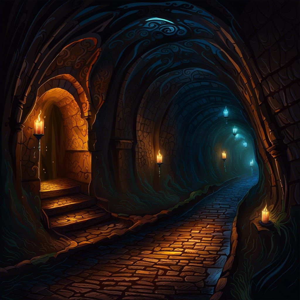 Mysterious Dark Fantasy Tunnel with Flickering Torches