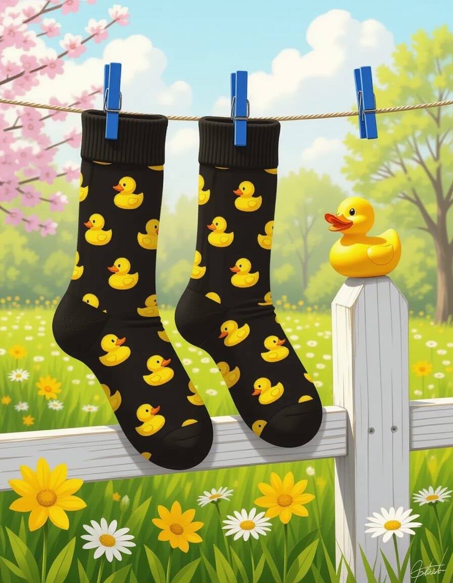 Black Socks with Rubber Ducks in Spring Garden