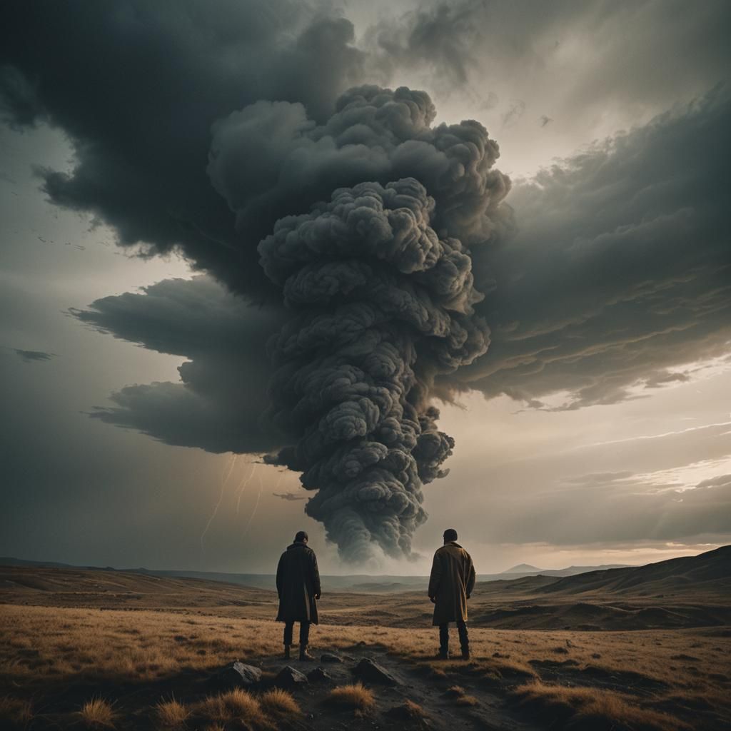 Dramatic Figure in Misty Landscape: Cinematic Film Still