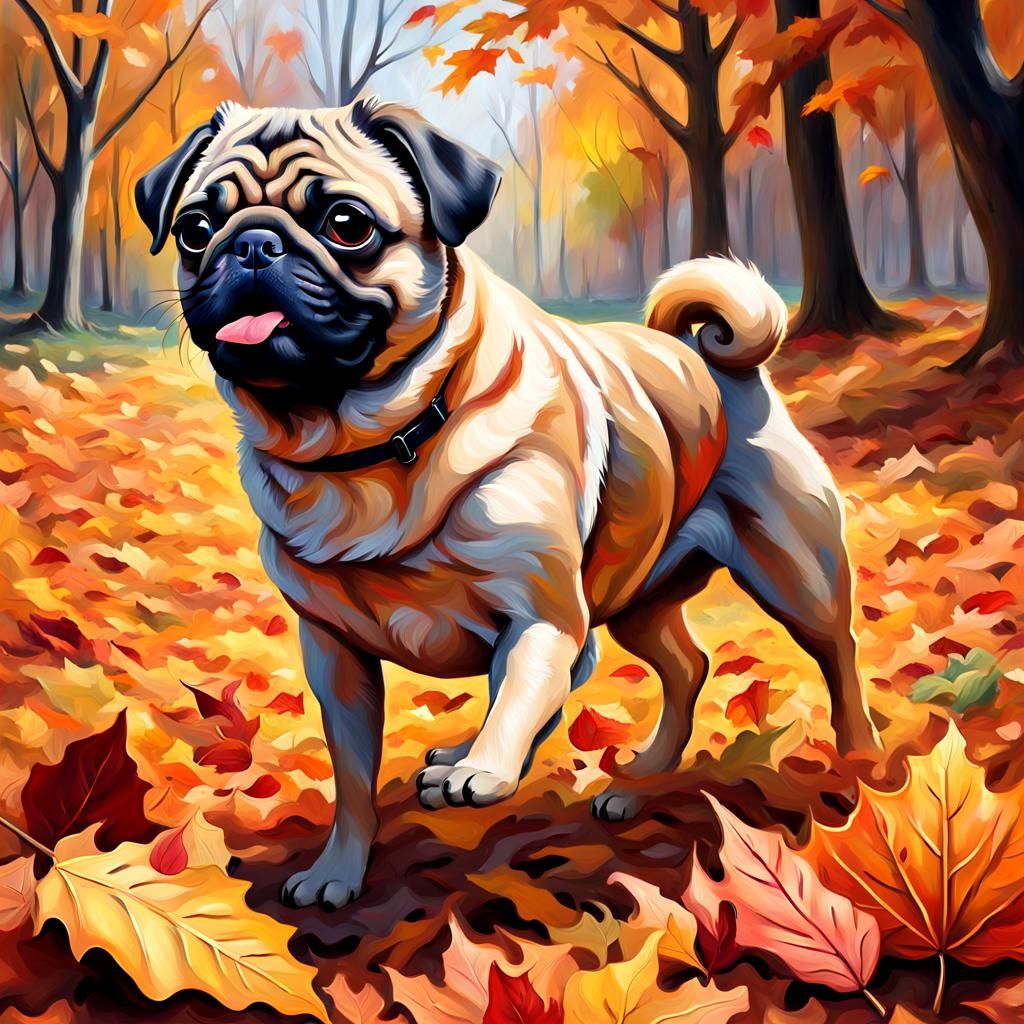 Playful Pug Leaps Through Autumn Leaves: Oil Painting