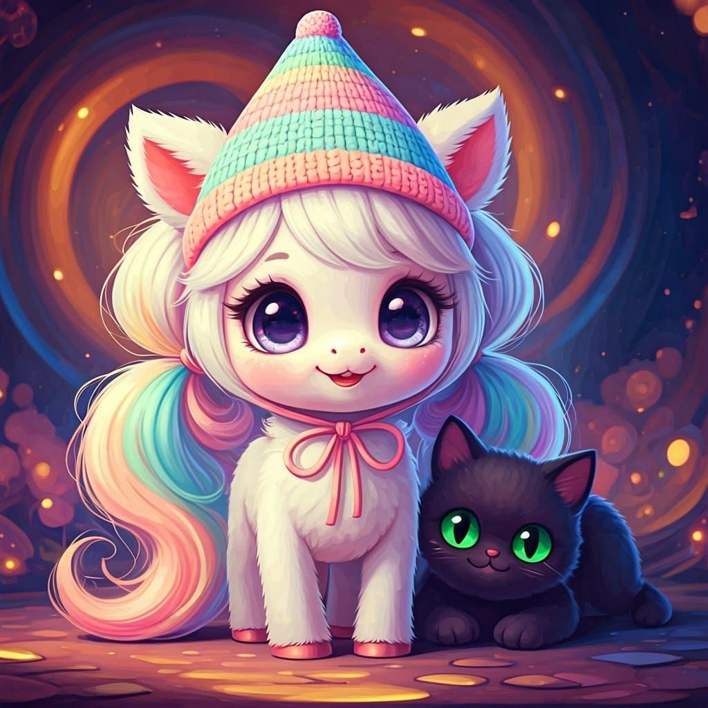 Adorable Rainbow Horse and Cat in Kawaii Anime Style