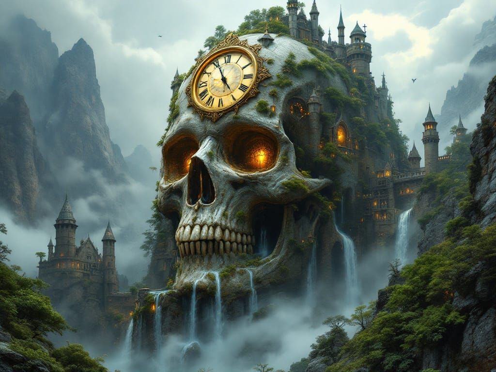 Fantasy Landscape with Skull Mountain in a Medieval Castle A...