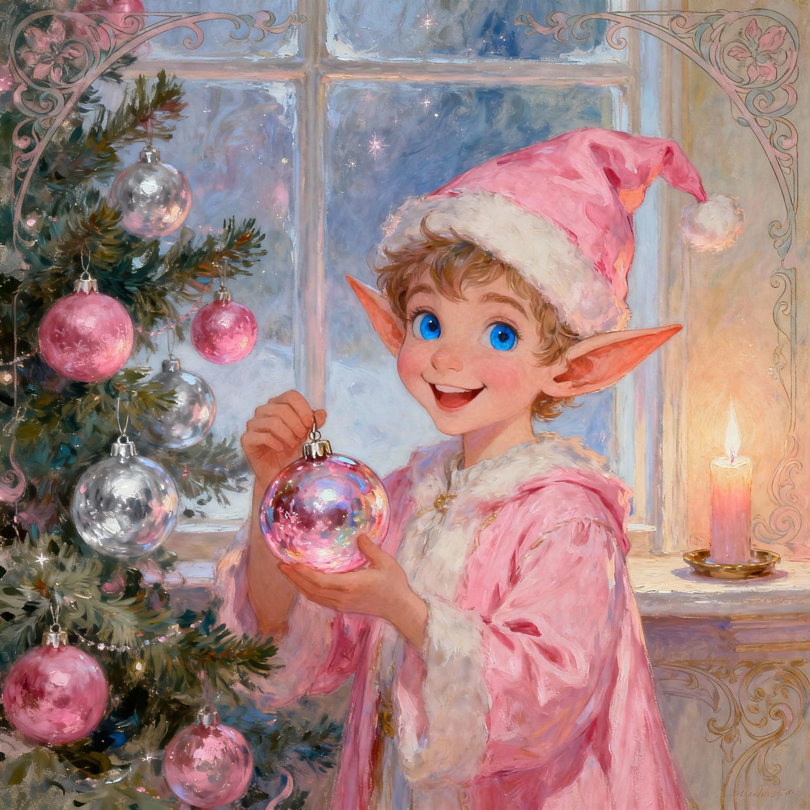 Painterly Christmas Elf with Bauble in Rococo Style