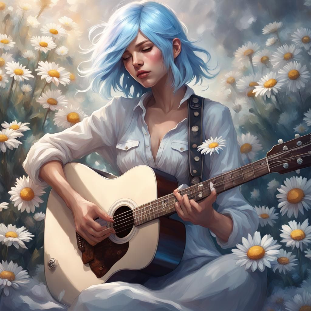 Girl with Flowers Plays Bass Guitar Art