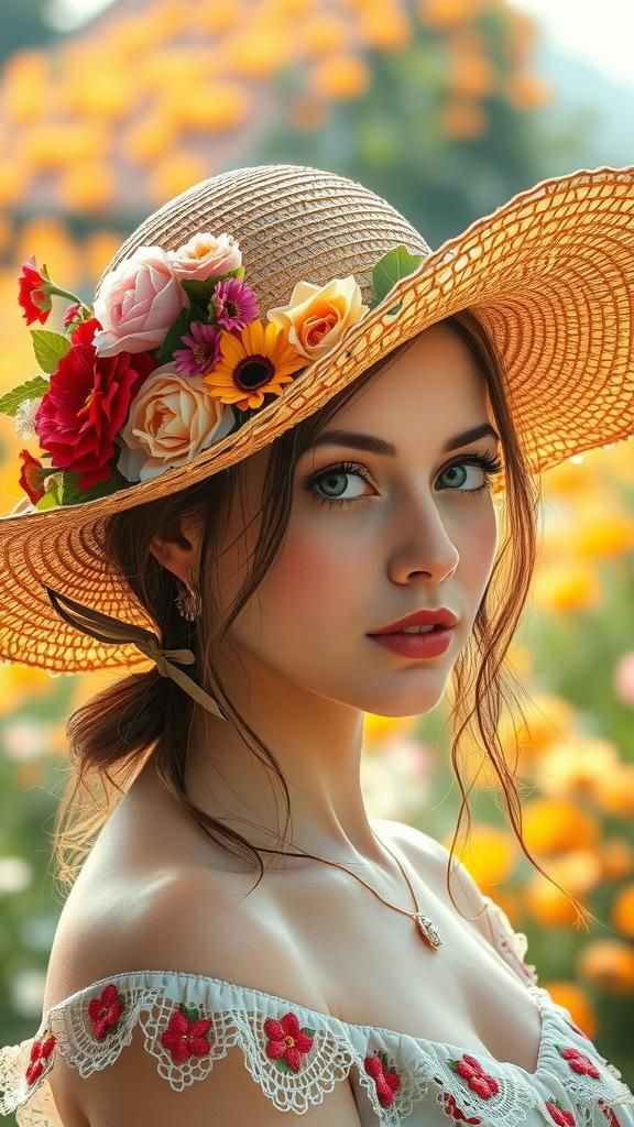 Woman in Floral Hat: Whimsical Storybook Portrait