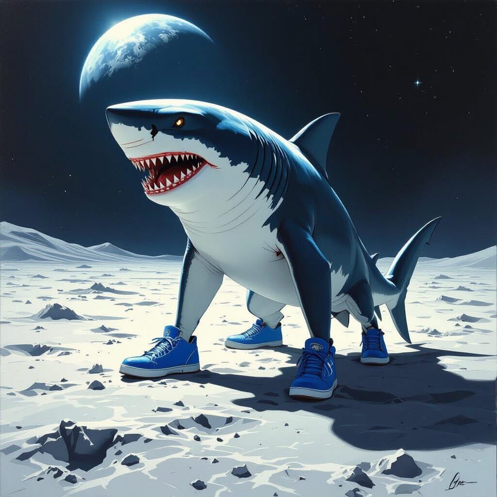 Shark on the Moon in Futuristic Biomechanical Style